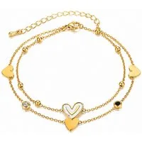 RAIKOU Fußkette mit Anhänger Gold Edelstahl – Doppelreihig mit Herz & Smiley aus Natur Perlmutt, Mit Anti-Oxidations Geschenkbox