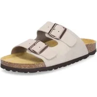 MIDS MOMO Damen Pantolette beige aus Velourleder, Zweiriemer mit ergonomischem Fußbett & Schnalle