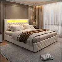 MODFU Polsterbett Bett mit Stauraum gepolstertem Kopfteil (140 x 200 cm Ohne Matratze, 1-tlg., Leder Bezug aus Hautfreundlicher Kunstleder), Funktionsbett mit Lattenrost und Stauraum,Mit LED-Beleuchtung