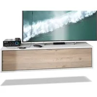 Vladon Lowboard Lana 1200 (TV-Kommode, mit Klappe dahinter 3 Fächer), Weiß matt/Eiche Nordic (120 x 29 x 37 cm)