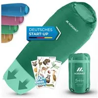 Nordmut Mumienschlafsack für Kinder mitwachsend, 3 Jahreszeiten, Camping Outdoor, leicht, warm (Spar-Set, 1 tlg., Nordmut Bukke + Kompressionsbeutel + Sticker), atmungsaktiv, wasserabweisend, kleines Packmaß, 2-Wege-Reißverschluss