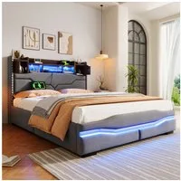 TavilaEcon Boxspringbett Polsterbett mit mit hydraulischem Bettkasten, LED & Steckdosen, Doppelbett 140x200cm, Bettkasten, USB-Typ-C-Anschluss, Grau
