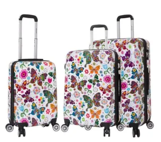 Hartschalen-4-Rad-Gepäcktaschen-Koffer-Set mit Schmetterlingsdruck für 3 Personen