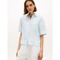 Tommy Hilfiger Kurzarmbluse ESS LINEN SHORT SLEEVE SHIRT mit aufgesetzter Brusttasche und Flag-Stickerei, reines Leinen