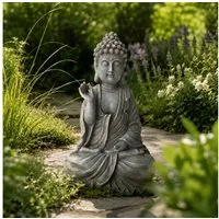INtrenDU Buddhafigur Gartenfigur 40 cm steingrau – wetterfest, Wetterfeste Gartenfigur in Steinoptik