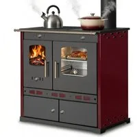 Prometey Festbrennstoffherd Holzherd ECO LUX INOX, Edelstahlbackfach, bordeaux, rechte Version, 7,1 kW