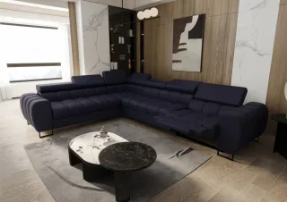Ecksofa Schlafsofa BASTIEN RELAX in Stoff Terra Dunkelblau Ottomane Links