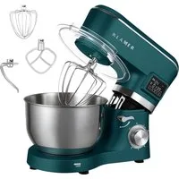 KLAMER Küchenmaschine 1400W, Knetmaschine mit 5,5 Liter Edelstahl Schüssel, 6 Geschwindigkeitsstufen mit Timer, Rührbesen, Knethaken, Schneebesen und Spritzschutz, grün, 1400 W, 5,5 l Schüssel, Spritzschutz, 3 Aufsätze, Saugfüße, digitales Display, T