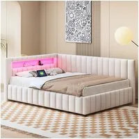Flieks Daybett, Polsterbett Schlafsofa 140x200cm mit LED Beleuchtung USB-Ladeanschluss