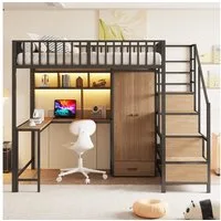 Celya Hochbett Metall-Hochbett 140 x 200 cm Mit Schreibtisch, Regal (Komplett Mit Ladebuchse und LED-Beleuchtung, Schwarz) Kleiderschrank und Schubladen, Mit Aufbewahrungsleiter