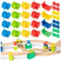 FOUORTUNATE-BEE Spielzeugeisenbahn-Schiene Holzeisenbahn Zubehör Set, 28-teilig, Schienenverbinder & Zubehör, Holzbahn Spielset mit Figuren, Bäumen und flexiblen Schienenverbindern