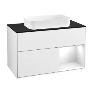 Villeroy und Boch Finion Waschtischunterschrank F252GFGF 100x60,3cm, Abdeckplatte black matt, Regal rechts Glossy white lacquer, Glossy white lacquer