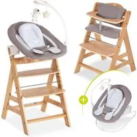 Hauck Hochstuhl Alpha Plus Natur - Newborn Set Deluxe (Set, 4 St), Holz Babystuhl ab Geburt inkl. Aufsatz für Neugeborene & Sitzauflage