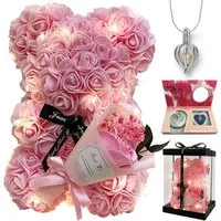 Kunstblumenstrauß Romantischer Rosen-Teddybär Geschenkset mit LED-Licht und einer Halskette aus echten Süßwasserperlen, Valentinstagsgeschenk für Ihre Freundin, Ehefrau, Mutter und andere Frauen, Vivitar, Rosenbär mit Perlen-Überraschungsbox (Blindbo