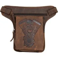 MDM Beintasche Biker Beintasche Hüft-, Gürteltasche mit Totenkopf Motorblock-Prägung, Im Vintage Look bearbeitet