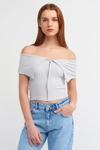 Damen Carmenausschnitt Crop-Top mit Reißverschluss