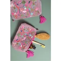 Tranquillo Kosmetiktasche aus Bio-Baumwolle VELVET MEADOW klein 18x12x8 cm mit Reißverschluss, Samttasche mit floraler Stickerei, für Accessoires und Make-up