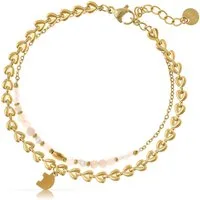 Made by Nami Armband Set Zweireihiges Damen Armband goldfarben Perlen Anhänger verstellbar, mit Anhängern – layered Design – mit Verlängerung - aus Edelstahl