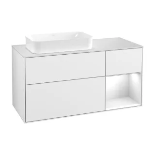 Villeroy und Boch Finion Waschtischunterschrank G281GFGF 120cm, Abdeckplatte white matt, Emotion, Regal rechts Glossy white lacquer, Glossy white lacquer