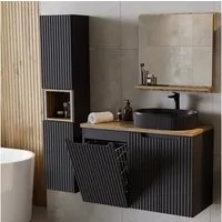 Lomadox Badmöbel-Set NEWPORT-56-BLACK, (Spar-Set, 3-St., Hochschrank Spiegel Waschtisch), Badezimmermöbel, schwarz mit Eiche, gerillte Front, mit Wäschekorb