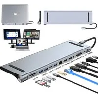 AKKEE Laptop-Dockingstation 12-in-1 drei Displays (HDMI+HDMI+VGA) HDMI 4K, USB 3.0, USB 2.0 Typ-C, 100W PD für Macbook iPad