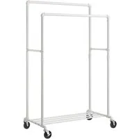 SONGMICS Kleiderständer Kleiderstange, Garderobenständer, für Ankleidezimmer, 100x59x162 cm, mit 2 Kleiderstangen und Ablage, Rollen, bis 90 kg belastbar, weiß