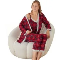 fashionshowcase Hausanzug Damen 3-teilig mit Spitze - Schlafanzug Pyjama Set Kariert & Gepunktet (3-teiliges Set (Top, Hose, Morgenmantel) Elegante Spitzenakzente