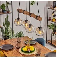 hofstein Pendelleuchte Hängelampe aus Metall/Holz/Glas in Schwarz/Natur/Bernstein/Klar, ohne Leuchtmittel, Hängeleuchte im Boho-Design mit Glasschirmen und Holzbalken, 4 x E27