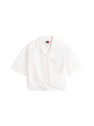 Tommy Jeans - Kurzarmbluse aus Leinenmischung mit Knotendetail weiß - Gr. - S