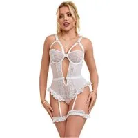 Lau-Fashion Body Unterwäsche mit Strapse Teddy Damen Dessous Spitze Reizwäsche S/XL