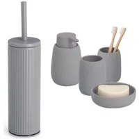 Zeller Present Badaccessoire-Set 5-teiliges Badaccessoire-Set - Keramik, Grau, Set, 5 tlg., 5-tlg., stilvolle Riffelstruktur