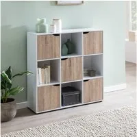 FINEBUY Standregal FB49685 MASSA Bücherregal mit 9 Fächern Sideboard Würfelregal, 89x91x29 cm, Bücherregal mit 9 Fächern Sonoma Weiß, Sideboard mit 5 Türen, Würfelregal Raumteiler