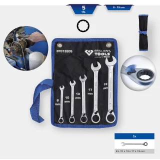 Brilliant Tools Ratschenringschlüssel-Satz, 5-tlg, umschaltbar, 8 - 19 mm - BT013205
