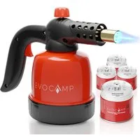 EVOCAMP Flambierbrenner Gasbrenner 1,3 kW, Küchenbrenner, Lötlampe mit Piezozündung, Max. Temperatur 1300°C, mit 4 Gaskartuschen 190g