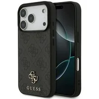 Guess Handyhülle Case iPhone 17 Pro MagSafe Kunstleder grau Logo goldfarben 6,3 Zoll, Kantenschutz