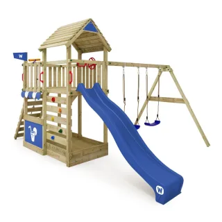 Großer Spielturm mit Wellenrutsche, Schaukel & Sandkasten - Stabiler Kletterturm Smart Condo für den Garten mit Kletterwand & Teleskop - Wickey