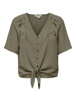 ONLY - Kurzarm-Bluse mit V-Ausschnitt und Knoten-Detail grün - Gr. - S