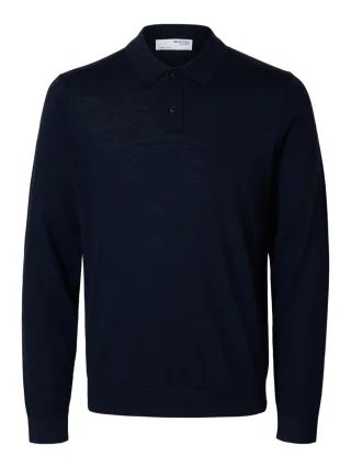 SELECTED MEN - SLMTRAY LS KNIT MERINO POLO NOOS Navy Blazer - Gr. - XL