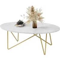 Homfa Couchtisch, Marmor Optik Wohnzimmertisch Oval Sofatisch 120 x 60 cm weiß gold