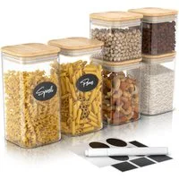Arendo Aufbewahrungsbecher Glasbehälter Set 1L, 1,5L, 2L Borosilikat quadratisch mit Bambusdeckel, Borosilikatglas, Bambus, Silikon, (Vorratsbehälter-Set, 6-tlg., 6er Set), luftdicht, hitze & kältebeständig, Mikrowellen & spülmaschinengeeignet