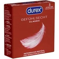 durex Kondome Gefühlsecht Classic Packung mit, 3 St., Transparent-Kondome, hauchzarte Markenkondome mit Easy-On™-Passform