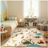 Teppium Teppich Bunte Dino Welt, Rechteckig, Höhe: 5 mm, Teppich Kinderzimmer
