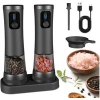 Forrlite Salz-/Pfeffermühle Pfeffermühle elektrisch, Gewürzmühle elektrisch 2er Set (Wiederaufladbar, LED Beleuchtung, mit einstellbarem Keramikmahlwerk, Reinigungsbürste Bürste), für BBQ, Restaurant, Küche
