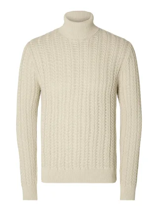 SELECTED MEN - SLHBRAI LS KNIT CABLE ROLL NECK W oatmeal - Gr. - XXL