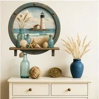 Sunnywall Wandtattoo Aufkleber Maritim Bullauge blau türkis mit Leuchtturm & Muscheldeko, selbstklebend, konturgeschnitten, rückstandslos entfernbar