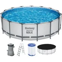 Bestway Framepool 56438 Lichtgrau, rund (Komplett Set, 5-tlg., Pool, Leiter, Pumpe, Kartusche, Plane), Ø 457 x 122 cm