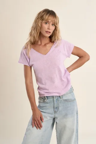 molly bracken - Basic T-Shirt mit V-Ausschnitt in Melange-Optik violet - Gr. - S