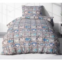 Heubergshop Bettwäsche, Seersucker, 2 teilig, 135x200cm + 80x80cm Herzen Landhaus Blau Grau 100% Baumwolle (358/2)
