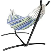 GARMIO Hängematte mit Gestell, 200kg Belastbarkeit, 270x110x105cm (inkl. Zubehör & Tragetasche, mit Kordeln, in Blau-Grün, mit Stahlgestell, klappbar), Pflegeleicht, 270 x 110 x 105cm