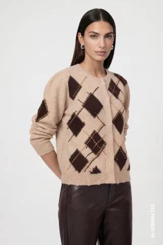 monari - Strickjacke mit Rautenmuster cappuccino melange gemustert - Gr. - 38